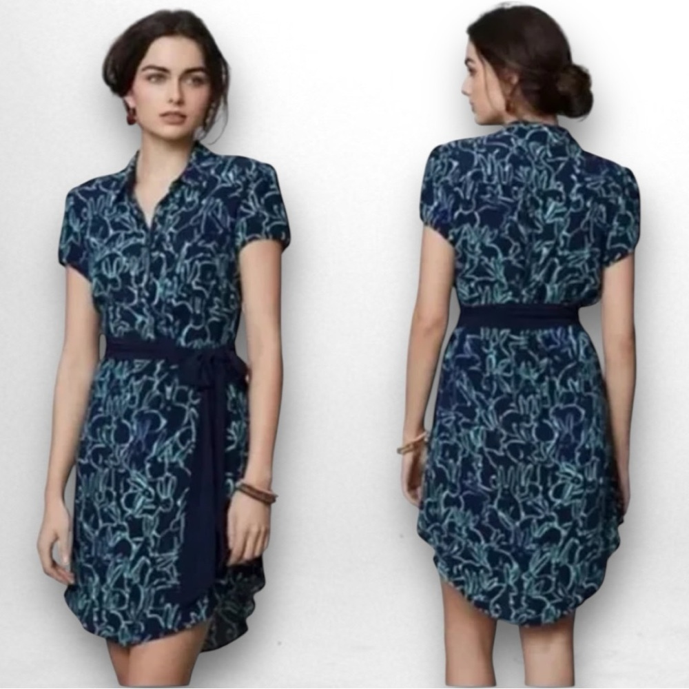 Anthropologie Maeve Franziska Bunny Print Shirt Dress Navy Blue Size 4